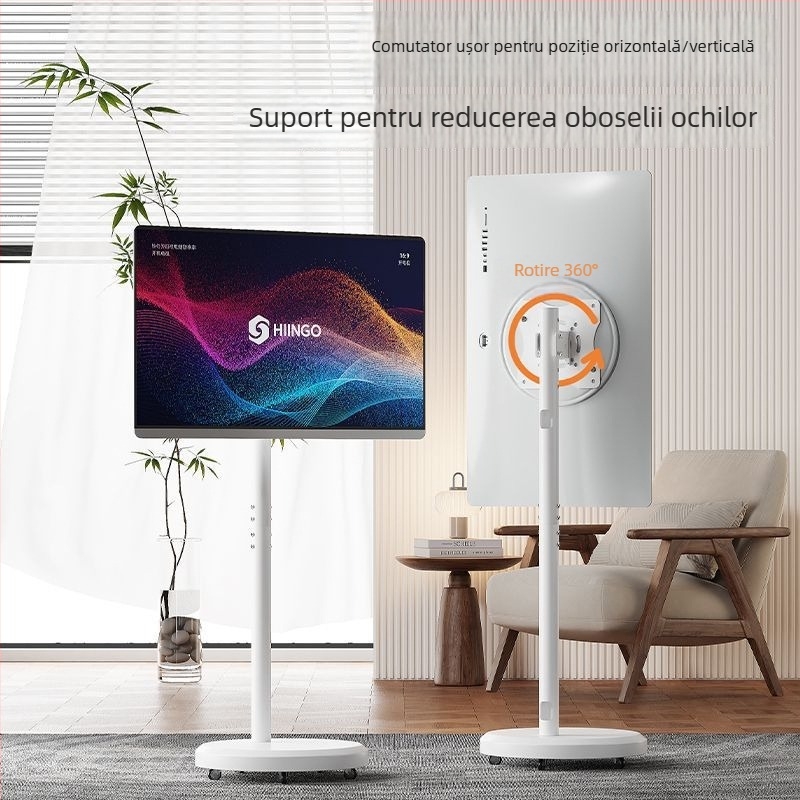 Stand de afișaj pe podea, mobil, cu ecran rotativ, suport TV reglabil pe înălime cu roți — control mecanic; export cross-border disponibil; accesorii; telecomandă TV