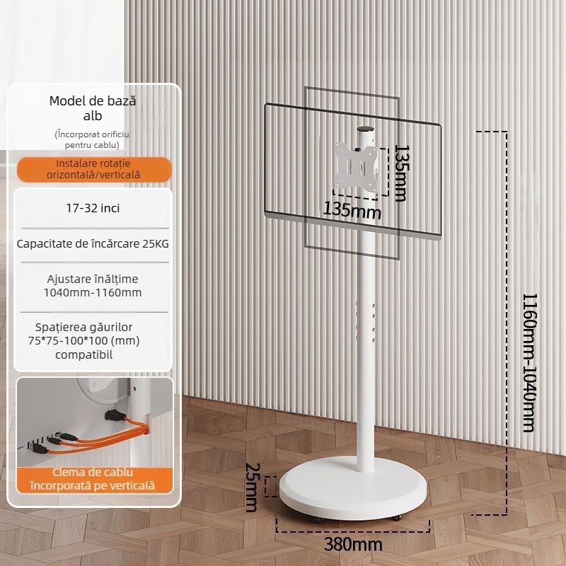 Stand de afișaj pe podea, mobil, cu ecran rotativ, suport TV reglabil pe înălime cu roți — control mecanic; export cross-border disponibil; accesorii; telecomandă TV