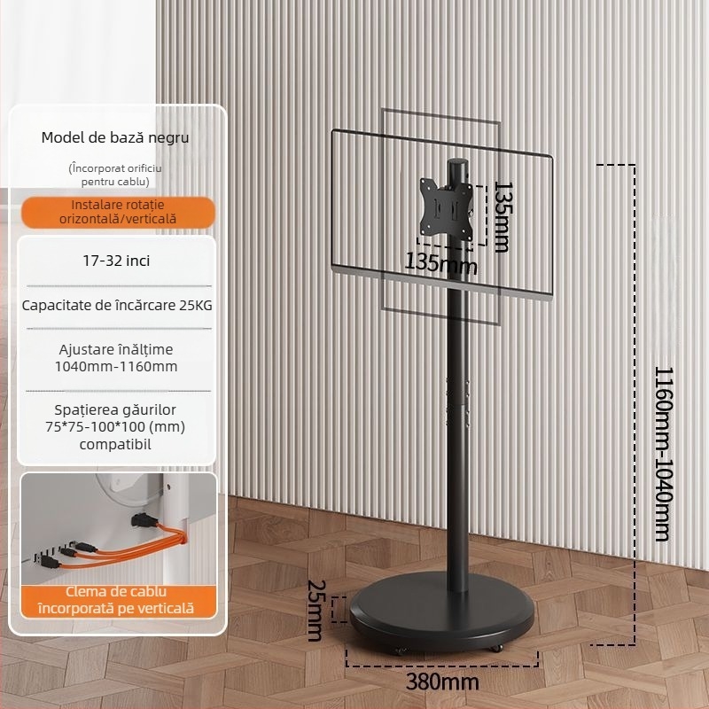 Stand de afișaj pe podea, mobil, cu ecran rotativ, suport TV reglabil pe înălime cu roți — control mecanic; export cross-border disponibil; accesorii; telecomandă TV