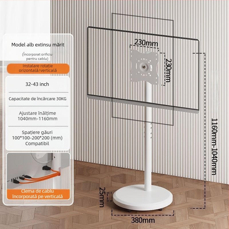 Stand de afișaj pe podea, mobil, cu ecran rotativ, suport TV reglabil pe înălime cu roți — control mecanic; export cross-border disponibil; accesorii; telecomandă TV
