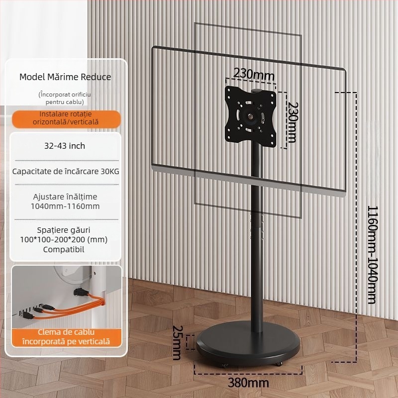 Stand de afișaj pe podea, mobil, cu ecran rotativ, suport TV reglabil pe înălime cu roți — control mecanic; export cross-border disponibil; accesorii; telecomandă TV