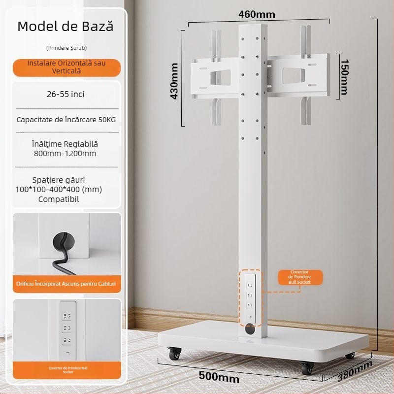 Stand de afișaj pe podea, mobil, cu ecran rotativ, suport TV reglabil pe înălime cu roți — control mecanic; export cross-border disponibil; accesorii; telecomandă TV