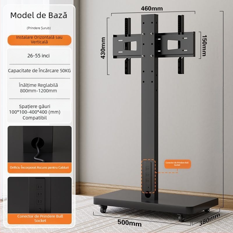Stand de afișaj pe podea, mobil, cu ecran rotativ, suport TV reglabil pe înălime cu roți — control mecanic; export cross-border disponibil; accesorii; telecomandă TV
