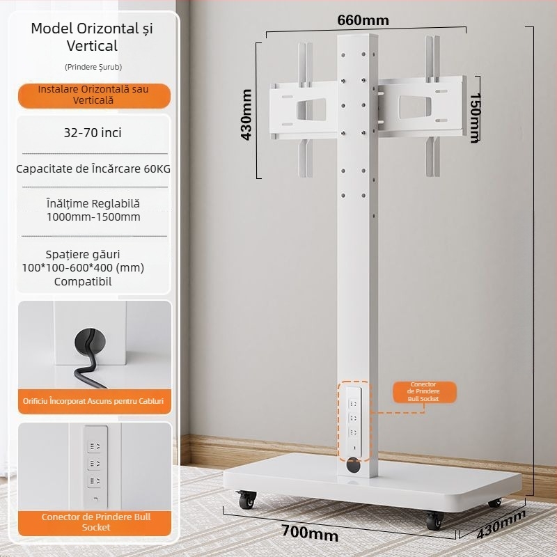Stand de afișaj pe podea, mobil, cu ecran rotativ, suport TV reglabil pe înălime cu roți — control mecanic; export cross-border disponibil; accesorii; telecomandă TV