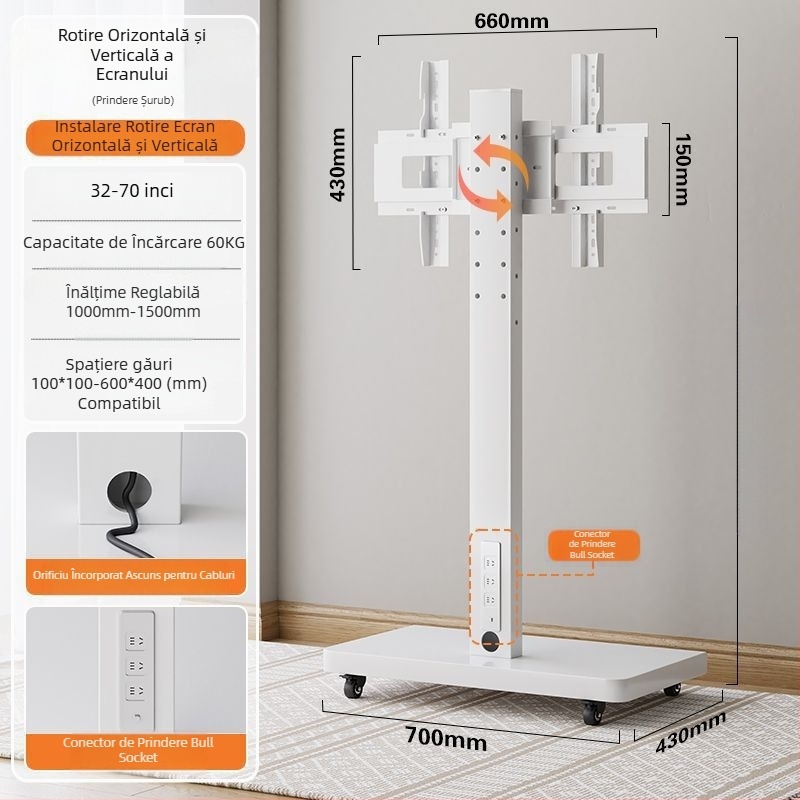 Stand de afișaj pe podea, mobil, cu ecran rotativ, suport TV reglabil pe înălime cu roți — control mecanic; export cross-border disponibil; accesorii; telecomandă TV