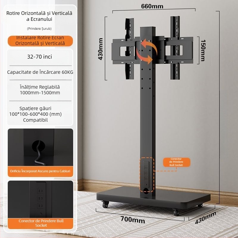 Stand de afișaj pe podea, mobil, cu ecran rotativ, suport TV reglabil pe înălime cu roți — control mecanic; export cross-border disponibil; accesorii; telecomandă TV