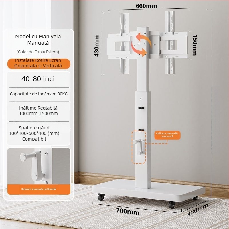 Stand de afișaj pe podea, mobil, cu ecran rotativ, suport TV reglabil pe înălime cu roți — control mecanic; export cross-border disponibil; accesorii; telecomandă TV