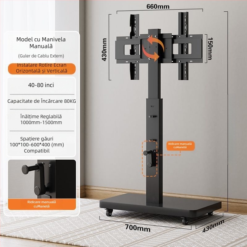 Stand de afișaj pe podea, mobil, cu ecran rotativ, suport TV reglabil pe înălime cu roți — control mecanic; export cross-border disponibil; accesorii; telecomandă TV