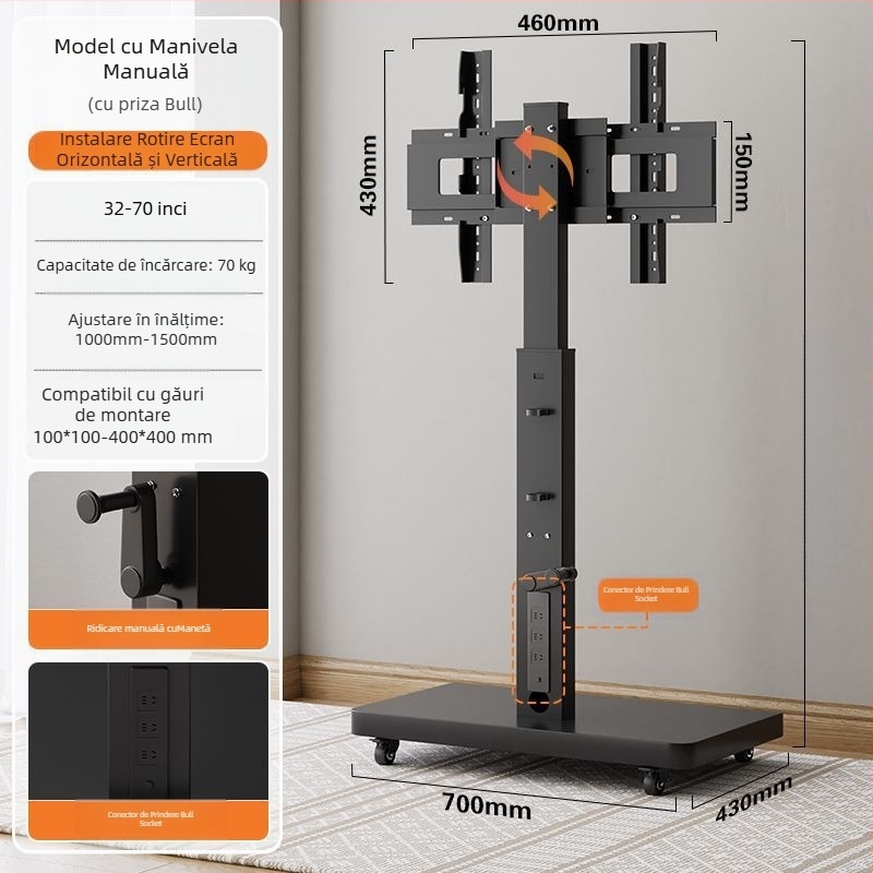 Stand de afișaj pe podea, mobil, cu ecran rotativ, suport TV reglabil pe înălime cu roți — control mecanic; export cross-border disponibil; accesorii; telecomandă TV