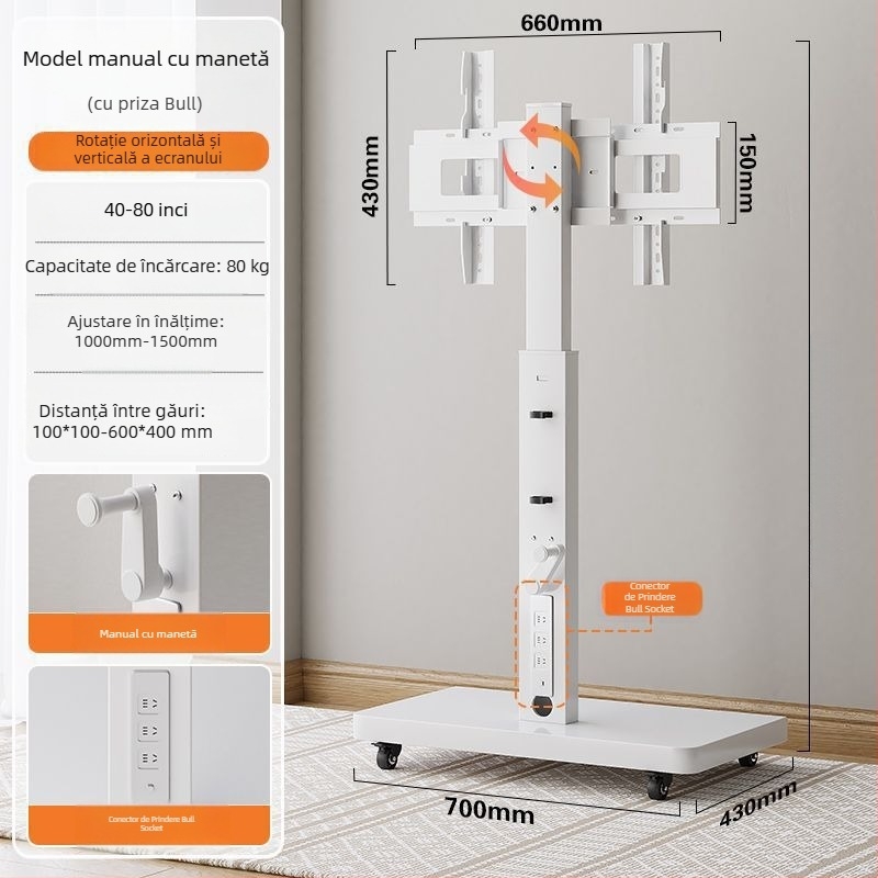 Stand de afișaj pe podea, mobil, cu ecran rotativ, suport TV reglabil pe înălime cu roți — control mecanic; export cross-border disponibil; accesorii; telecomandă TV