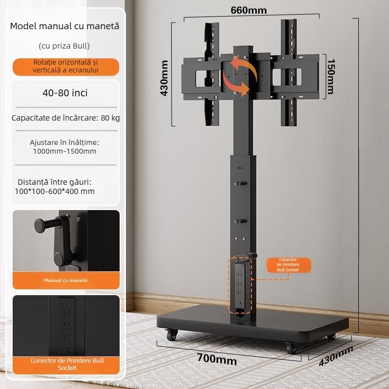 Stand de afișaj pe podea, mobil, cu ecran rotativ, suport TV reglabil pe înălime cu roți — control mecanic; export cross-border disponibil; accesorii; telecomandă TV