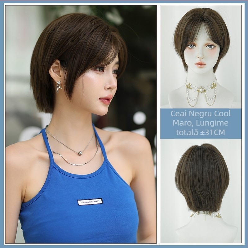 Perucă scurtă din fibre termorezistente, model D-138, stil peste cap (pulover), pufoasă, naturală și respirabilă, pentru purtare zilnică, poate modifica forma