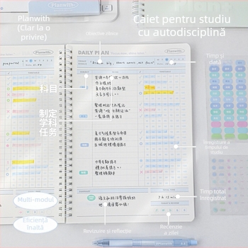 Planwith jurnal cu foi detașabile pentru autodisciplină, planificare simplă, copertă PP, legare cu ață, hârtie 320 g, 1–50 pagini