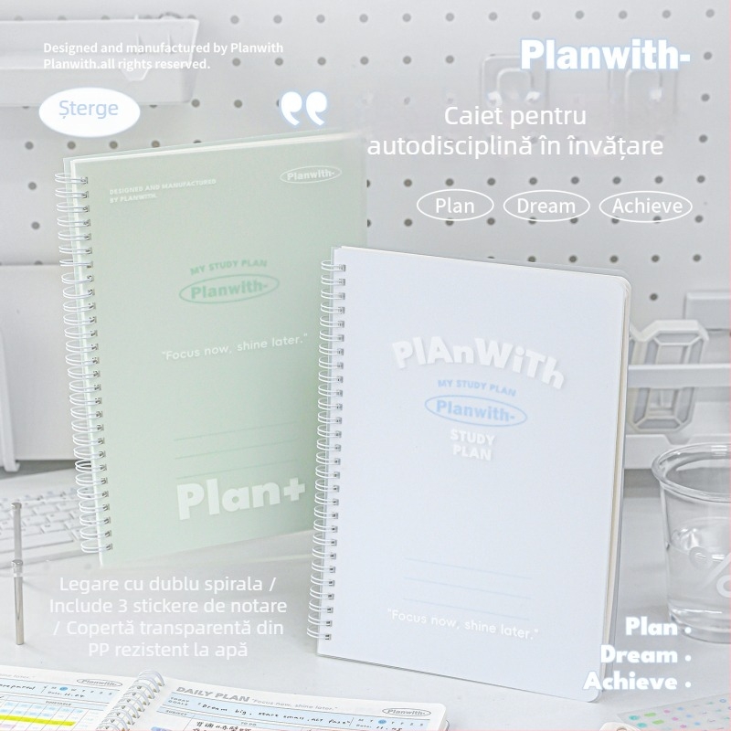 Planwith jurnal cu foi detașabile pentru autodisciplină, planificare simplă, copertă PP, legare cu ață, hârtie 320 g, 1–50 pagini