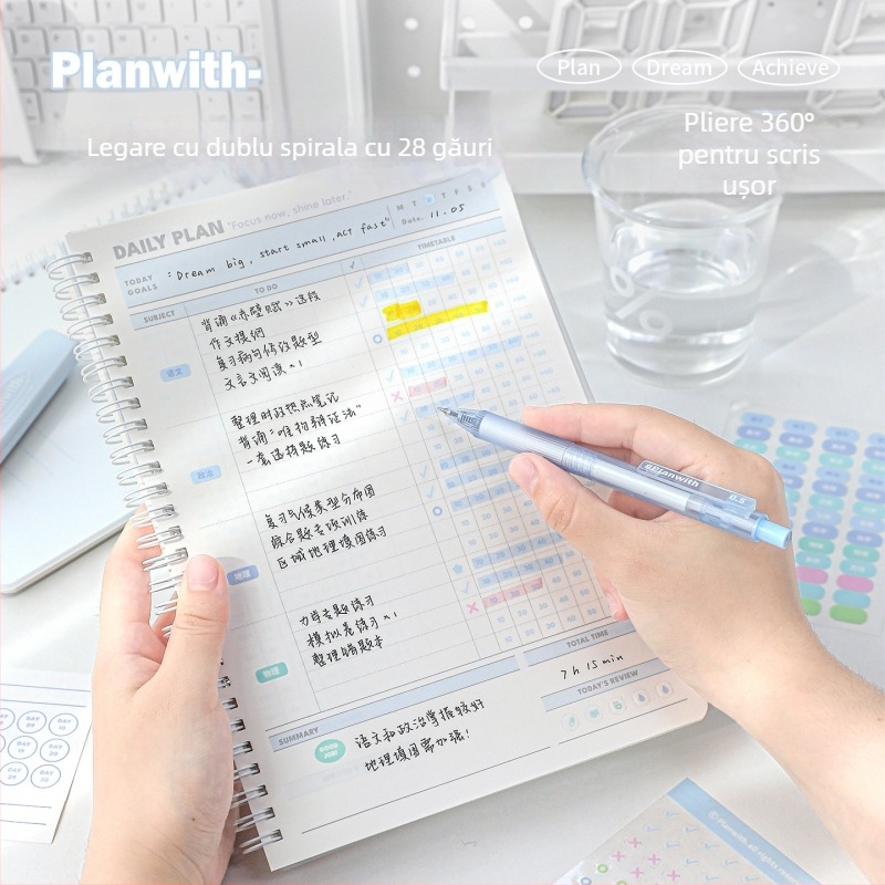Planwith jurnal cu foi detașabile pentru autodisciplină, planificare simplă, copertă PP, legare cu ață, hârtie 320 g, 1–50 pagini