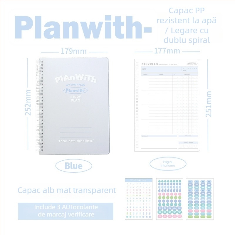 Planwith jurnal cu foi detașabile pentru autodisciplină, planificare simplă, copertă PP, legare cu ață, hârtie 320 g, 1–50 pagini