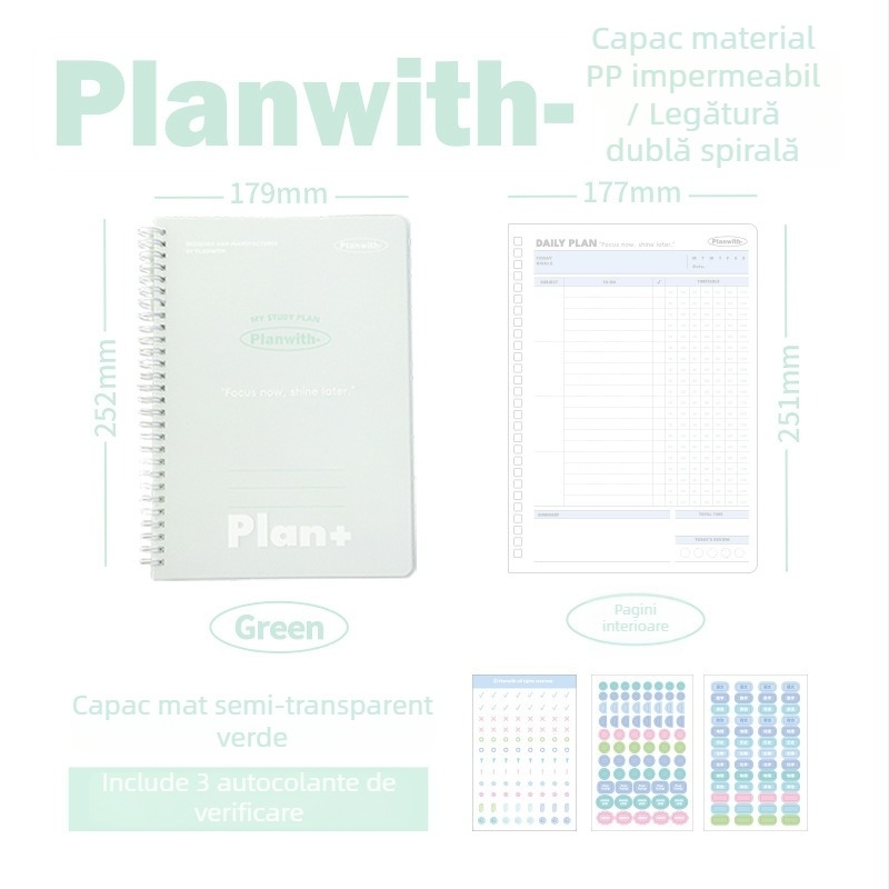 Planwith jurnal cu foi detașabile pentru autodisciplină, planificare simplă, copertă PP, legare cu ață, hârtie 320 g, 1–50 pagini