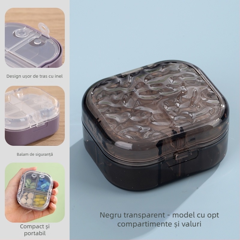 Cutie pentru pastile cu 8 compartimente, ABS material, etanșă, rezistentă la umiditate, organizator portabil pentru medicamente cu compartimente divizate