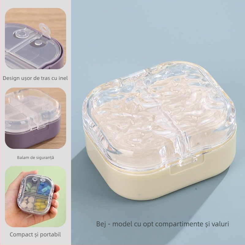 Cutie pentru pastile cu 8 compartimente, ABS material, etanșă, rezistentă la umiditate, organizator portabil pentru medicamente cu compartimente divizate