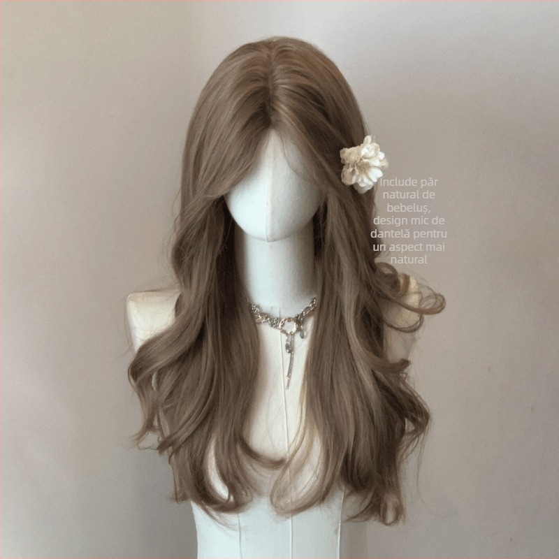 Perucă cu păr lung buclat, model DM430, fibre rezistente la căldură, breton înclinat, zonă din dantelă frontală 5,5×9,5 cm, nu poate fi vopsită sau tratată