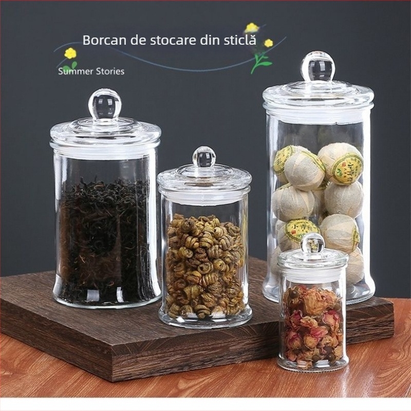 Borcane rotunde din sticlă, sigilate – rezistente la umezeală pentru ceai și condimente, depozitare de bucătărie