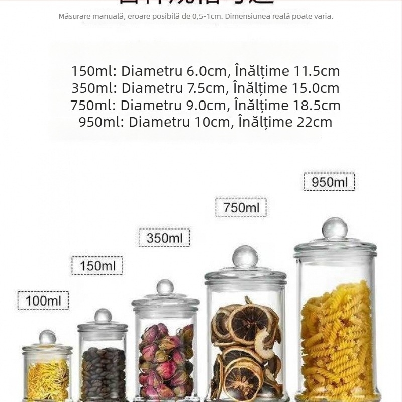 Borcane rotunde din sticlă, sigilate – rezistente la umezeală pentru ceai și condimente, depozitare de bucătărie