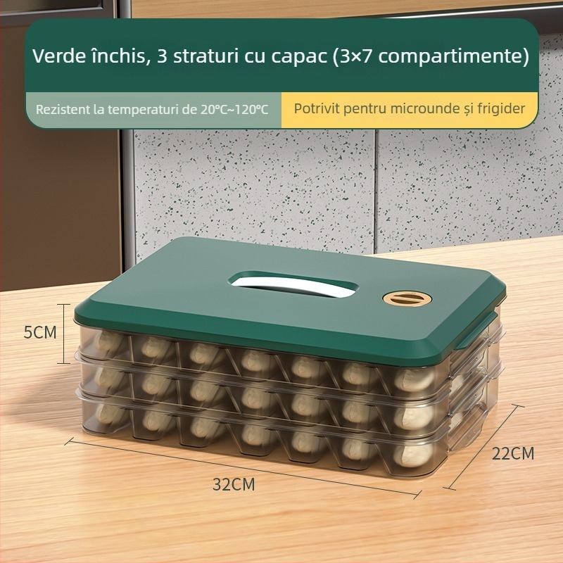 Cutie pentru depozitare dumplings cu capac – plastic, tavă cu mai multe straturi pentru păstrarea prospețimii