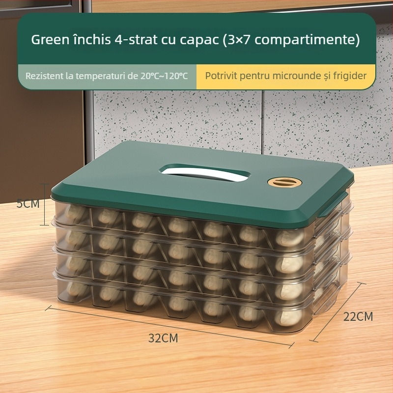 Cutie pentru depozitare dumplings cu capac – plastic, tavă cu mai multe straturi pentru păstrarea prospețimii