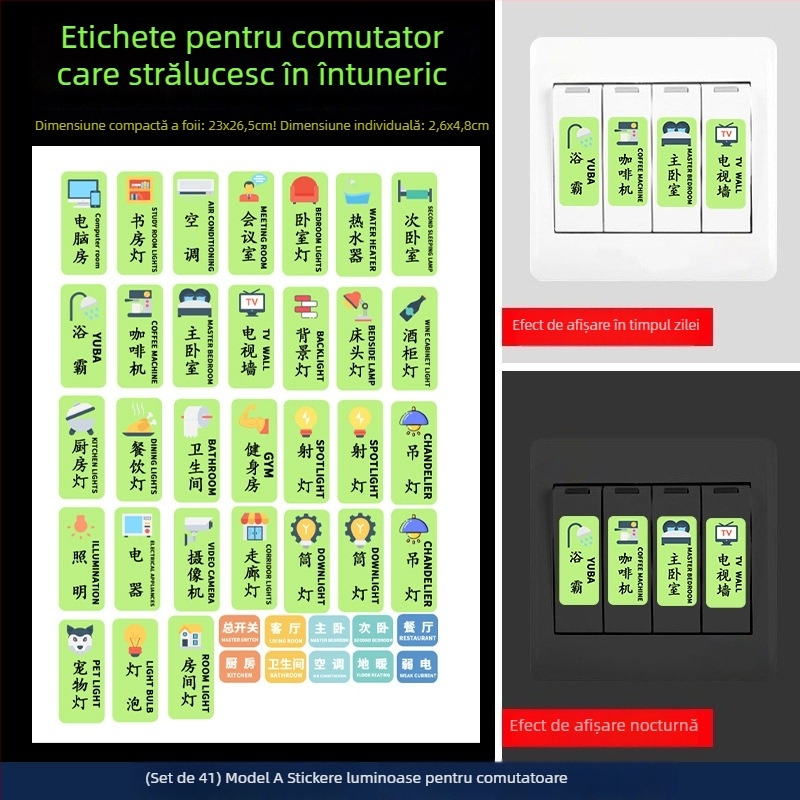 Etichetă fluorescentă din PVC pentru prize și întrerupătoare – indicator luminos, 1 bucată, modelul 29453, potrivită pentru living, dormitor, birou, restaurant, baie, intrare