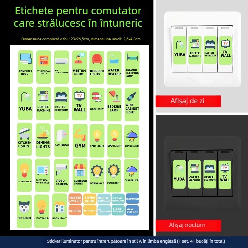 Etichetă fluorescentă din PVC pentru prize și întrerupătoare – indicator luminos, 1 bucată, modelul 29453, potrivită pentru living, dormitor, birou, restaurant, baie, intrare