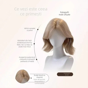 Perucă pentru femei, păr buclat realist cu curling spre exterior, breton în formă de opt, fir de înaltă temperatură, mecanism de prelucrare, modelare a feței