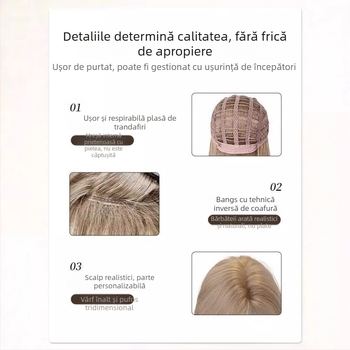 Perucă pentru femei, păr buclat realist cu curling spre exterior, breton în formă de opt, fir de înaltă temperatură, mecanism de prelucrare, modelare a feței