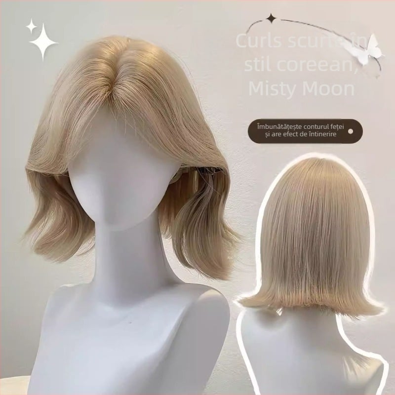 Perucă pentru femei, păr buclat realist cu curling spre exterior, breton în formă de opt, fir de înaltă temperatură, mecanism de prelucrare, modelare a feței