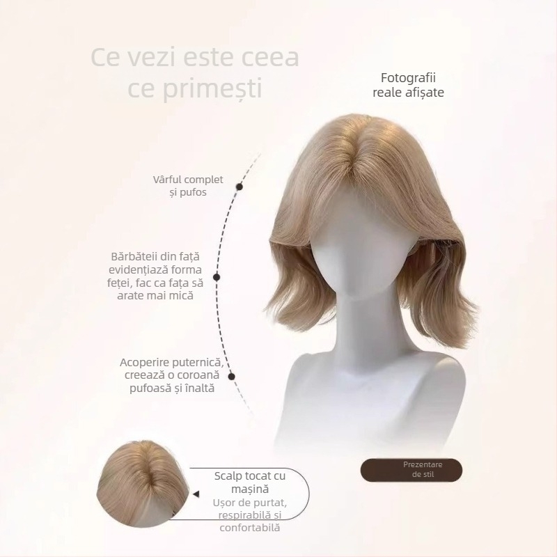 Perucă pentru femei, păr buclat realist cu curling spre exterior, breton în formă de opt, fir de înaltă temperatură, mecanism de prelucrare, modelare a feței