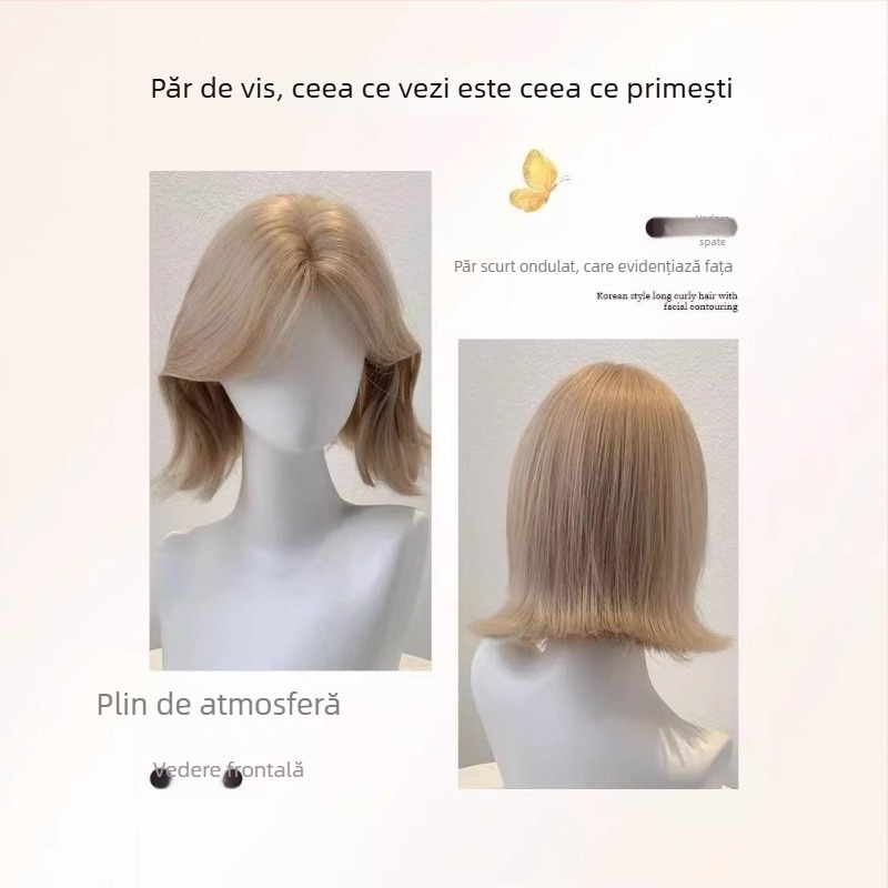 Perucă pentru femei, păr buclat realist cu curling spre exterior, breton în formă de opt, fir de înaltă temperatură, mecanism de prelucrare, modelare a feței