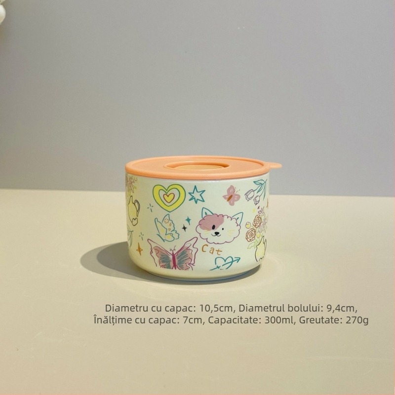 Cutie pentru prânz ceramică cu capac, izolație termică, compatibilă cu microunde, formă cilindrică