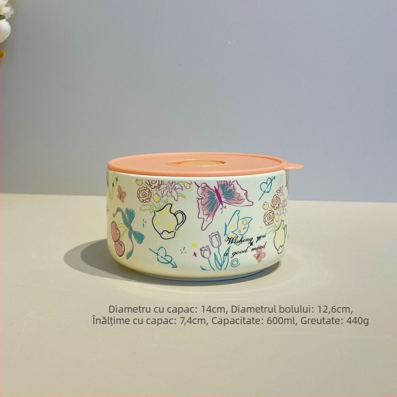 Cutie pentru prânz ceramică cu capac, izolație termică, compatibilă cu microunde, formă cilindrică