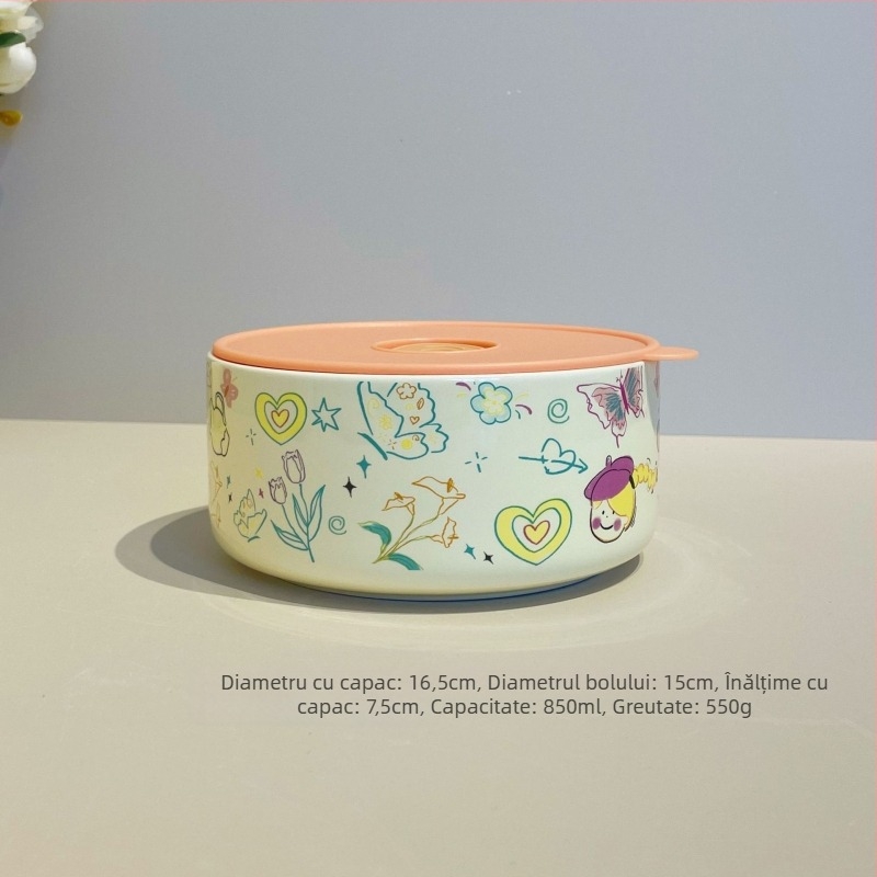 Cutie pentru prânz ceramică cu capac, izolație termică, compatibilă cu microunde, formă cilindrică