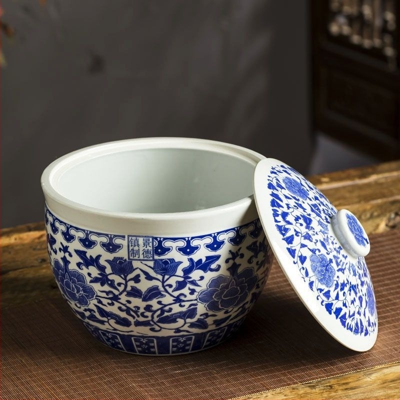 Recipient ceramic pentru depozitare orez cu capac, stil chinezesc, rezistent la umiditate