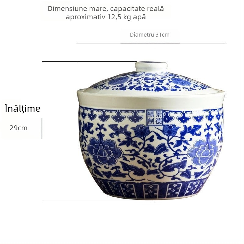 Recipient ceramic pentru depozitare orez cu capac, stil chinezesc, rezistent la umiditate