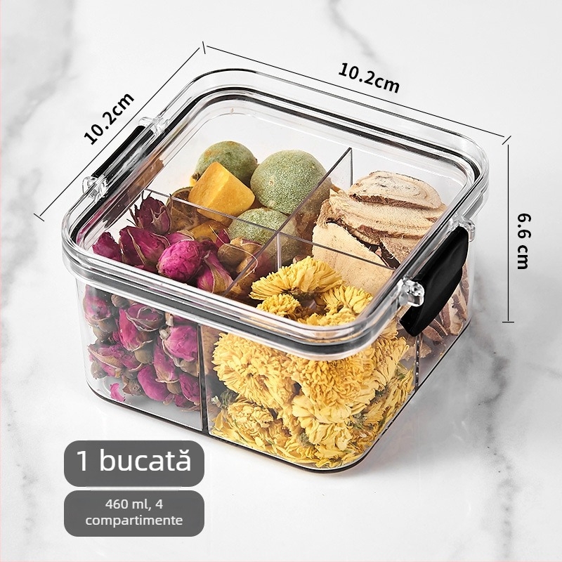 Cutie de depozitare ceai și cereale cu compartimente, etanșă, PET alimentar, pătrat, 501–800 ml, rezistent la umezeală