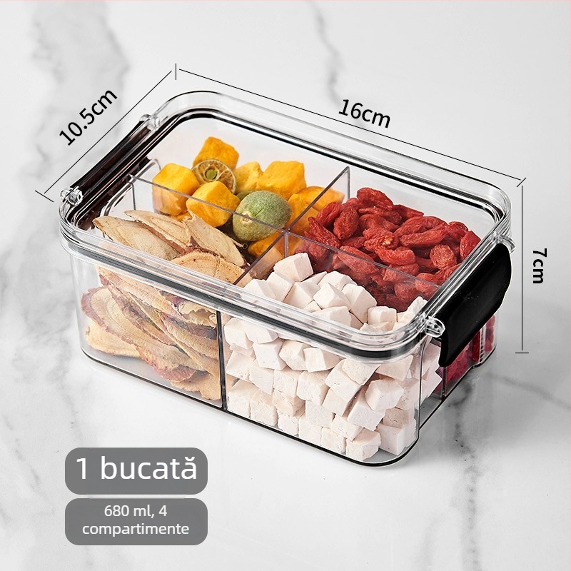Cutie de depozitare ceai și cereale cu compartimente, etanșă, PET alimentar, pătrat, 501–800 ml, rezistent la umezeală