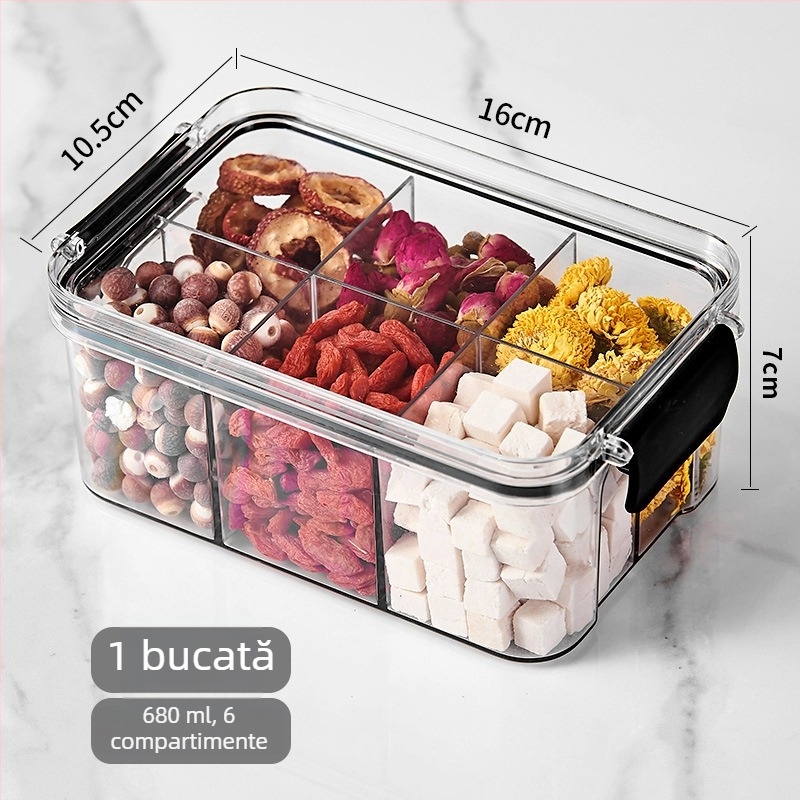Cutie de depozitare ceai și cereale cu compartimente, etanșă, PET alimentar, pătrat, 501–800 ml, rezistent la umezeală