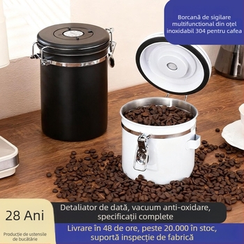 Recipient pentru cafea boabe cu supapă de ventilație și spațiu pentru lingură, din oțel inoxidabil 304, rotund, 1–2 L