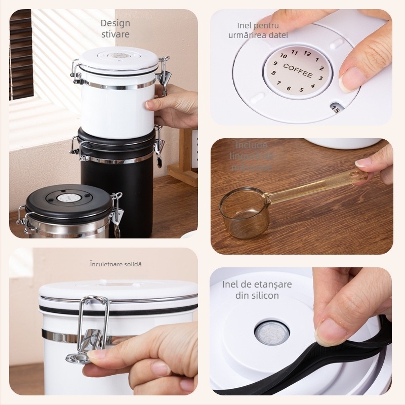 Recipient pentru cafea boabe cu supapă de ventilație și spațiu pentru lingură, din oțel inoxidabil 304, rotund, 1–2 L