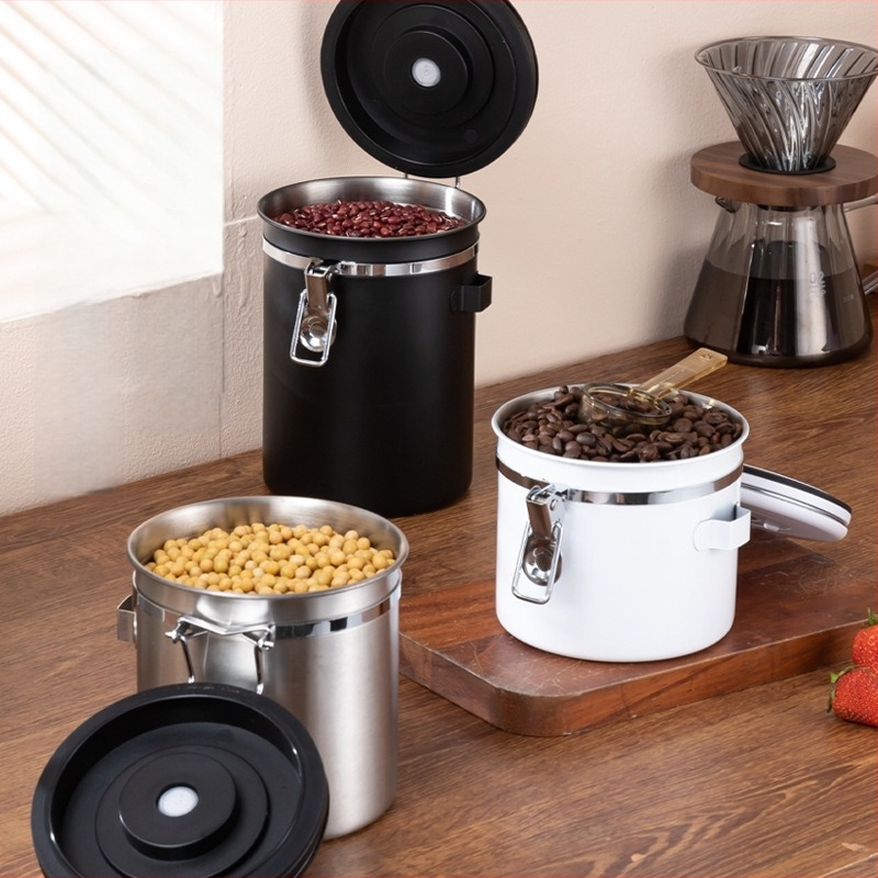 Recipient pentru cafea boabe cu supapă de ventilație și spațiu pentru lingură, din oțel inoxidabil 304, rotund, 1–2 L