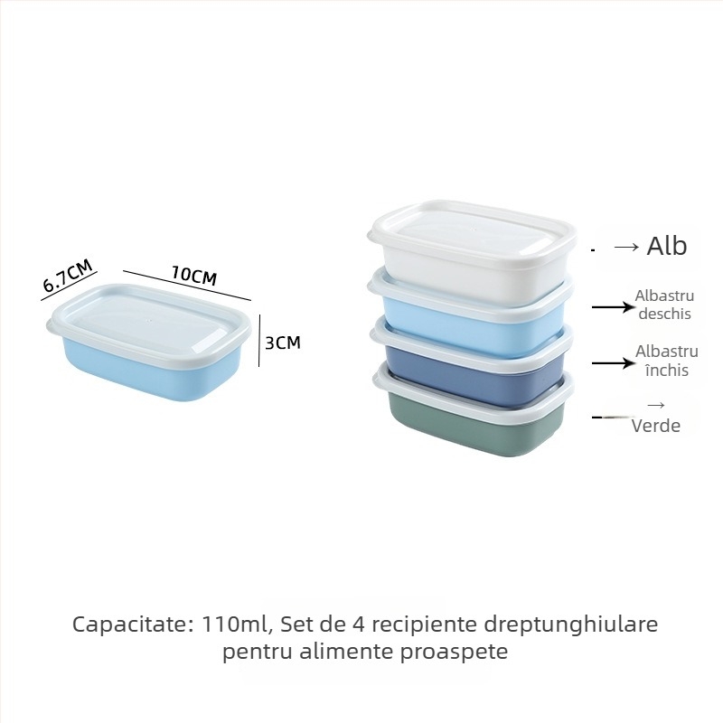 Set de patru recipiente pătrate din plastic pentru păstrarea alimentelor, compatibile cu microundele, capacitate 301-500 ml