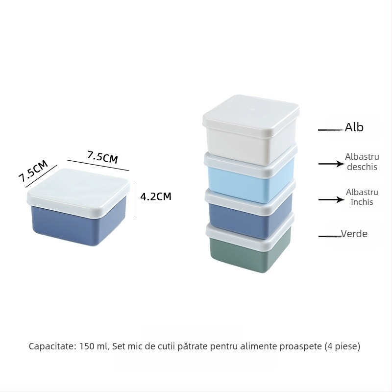 Set de patru recipiente pătrate din plastic pentru păstrarea alimentelor, compatibile cu microundele, capacitate 301-500 ml