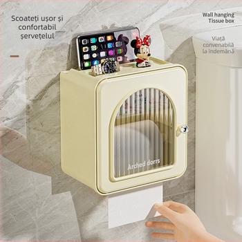 Cutie de șervețele montată pe perete pentru baie — impermeabilă, multifuncțională, model 6801, PP + țeavă din oțel inoxidabil