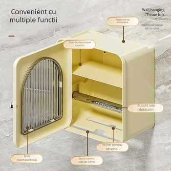 Cutie de șervețele montată pe perete pentru baie — impermeabilă, multifuncțională, model 6801, PP + țeavă din oțel inoxidabil